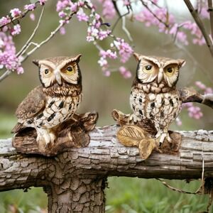 2 Vtg Homco Porcelain Owls Sitting on Branch w/Leaves Figurine 5" Tall #1114 MCM